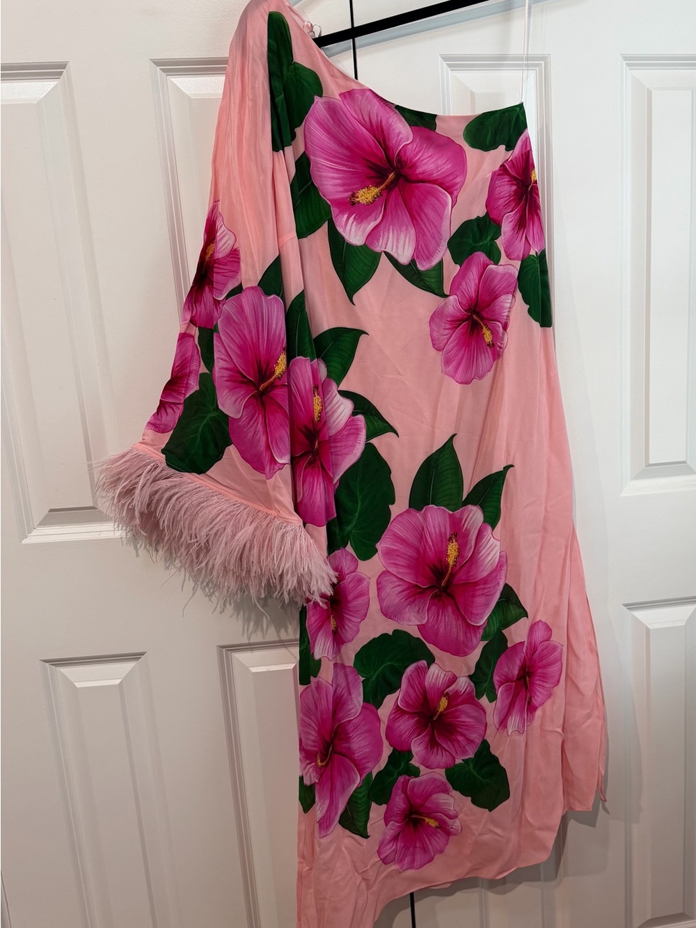 Borgo De Nor Pink Floral One-Shoulder Dress with Feather Trim